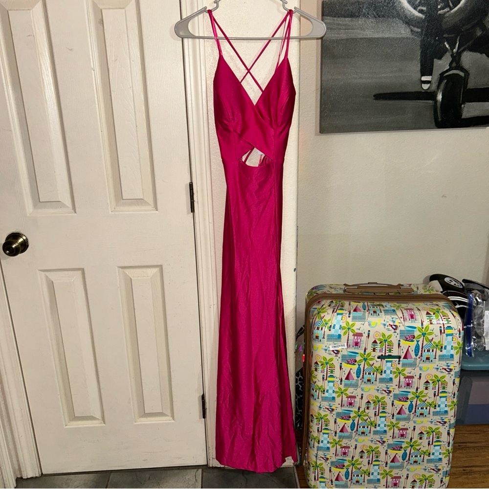 Morgan & Co Hot Pink Evening Prom Dress with Spaghetti Straps